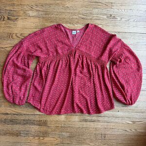 Gap Blouse Top Womens Small Red Floral Peasant Boho Balloon Sleeves Cottage Chic